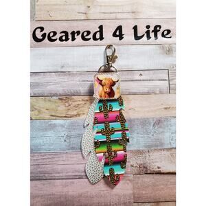 Handcrafted Cow Purse Charm, Leather Feather & cow concho keychain, saddle charm